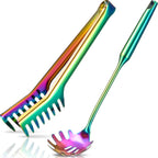 Patelai 2 Pcs Stainless Steel Pasta Spoon with Teeth Large Spaghetti Utensil, 9.4'' Tong and 13.6'' Pasta Fork with Vacuum Handle, Comfortable Grip Design Spoons for Kitchen(Colorful)