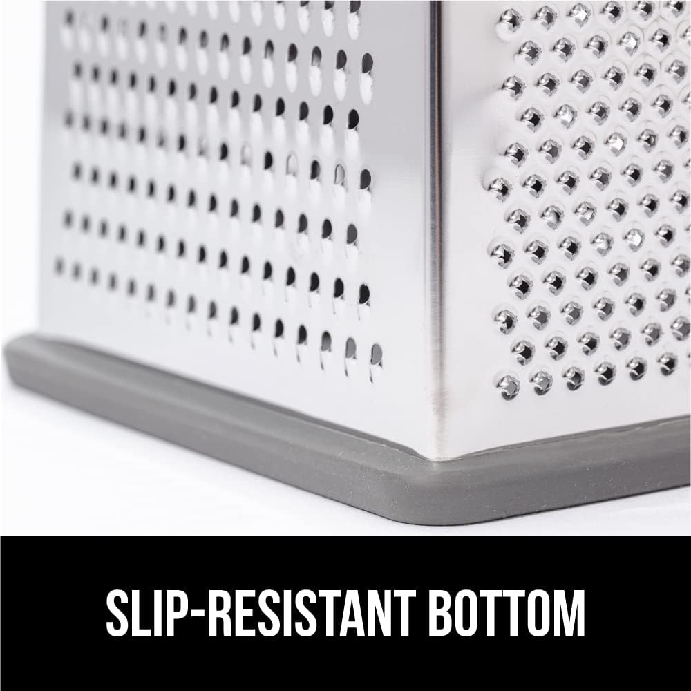 GORILLA GRIP 4-Sided 100% BPA-Free Cheese Grater With Container, Stainless Steel XL Box Graters, Parmesan Shredder, Grate Cheeses, Shred Veggies, Slip Resistant Handle, Dishwasher Safe Zester, Gray