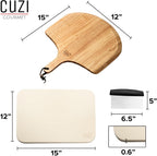 Cuzi Gourmet 3-Piece Pizza Stone Set - 15x12" Thermal Shock Resistant Cordierite Pizza Stone, 15x12" Natural Wood Pizza Peel & Pizza Cutter - Pizza Stone for Grill and Oven