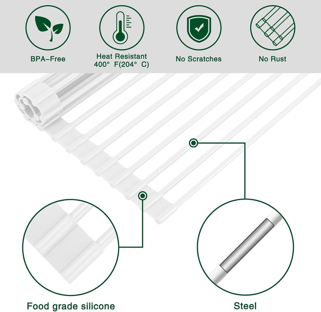 Roll Up Dish Drying Rack Over The Sink Kitchen Roll Up Sink Drying Rack Multipurpose Foldable Sink Drying Mat, Heat-Resistant, Anti-Slip & Anti-Rust Dish Rack for Kitchen, 17" x 13", White