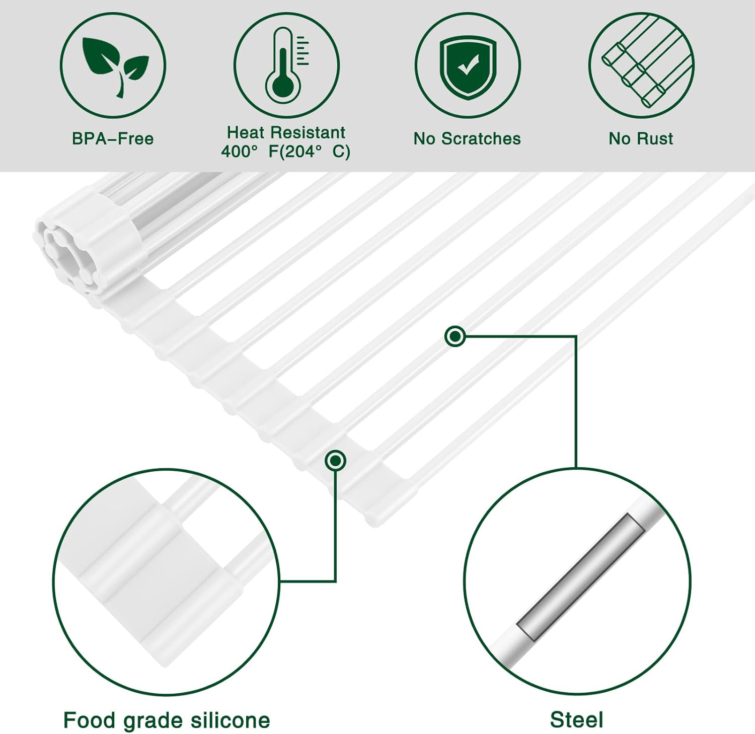 Roll Up Dish Drying Rack Over The Sink Kitchen Roll Up Sink Drying Rack Multipurpose Foldable Sink Drying Mat, Heat-Resistant, Anti-Slip & Anti-Rust Dish Rack for Kitchen, 17" x 13", White