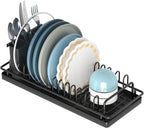 Giwil Small Dish Drying Rack, Compact Dish Rack with Silicone Tray and Caddy, Multifunctional Dish Drainer Sink Drying Rack for Kitchen Counter & Over The Sink, Stainless Stell, Black