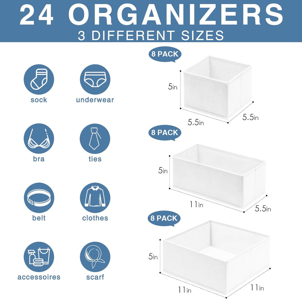 Criusia Drawer Organizer Clothes, 24 Pack Dresser Organizer Bins for Nursery Bedroom, Closet Organization and Storage Dividers for Clothing, Baby Clothes, Underwears, Socks (White)