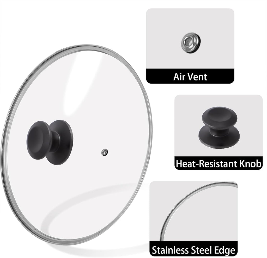 11 inch Tempered Glass Lid for Pots, Frying Pans and Skillets, Replacement Cover with Heat Resistant Black Knob Handle, Dishwasher Safe