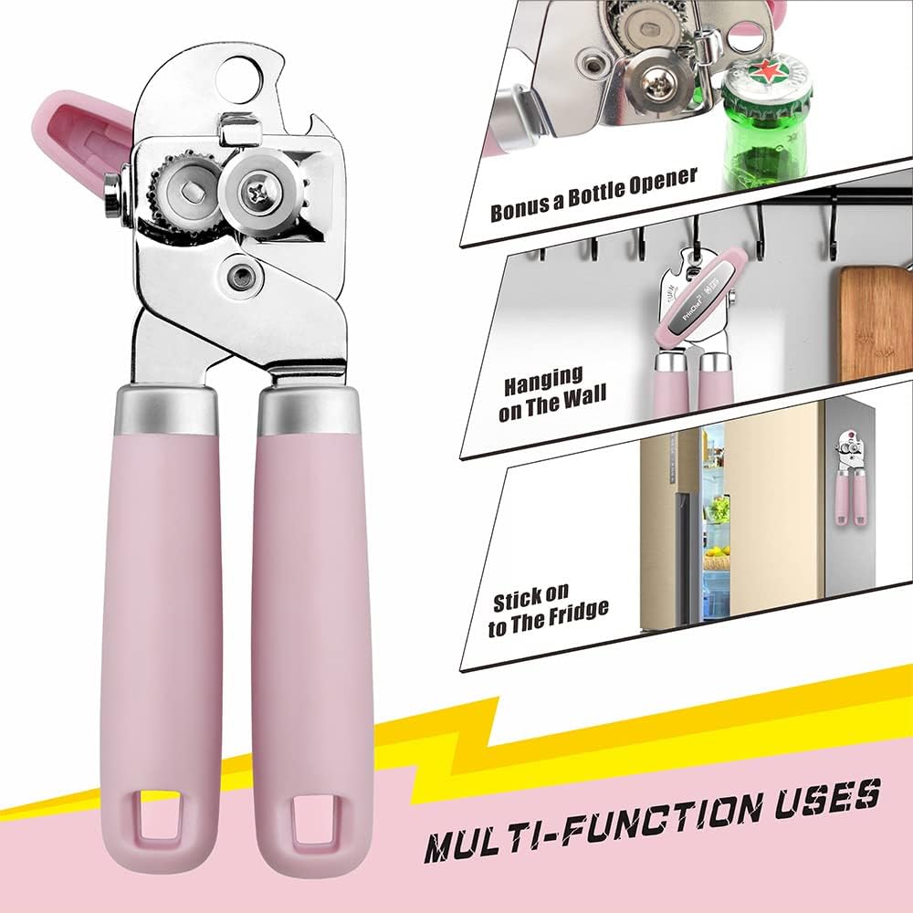 PrinChef Can Opener Manual, Can Tin Bottle Opener with Magnet - No-Trouble-Lid-Lift, Handheld Can Opener Smooth Edge with Sharp Blade, Heavy Duty and Easy to Use, for Seniors with Arthritis, Pink