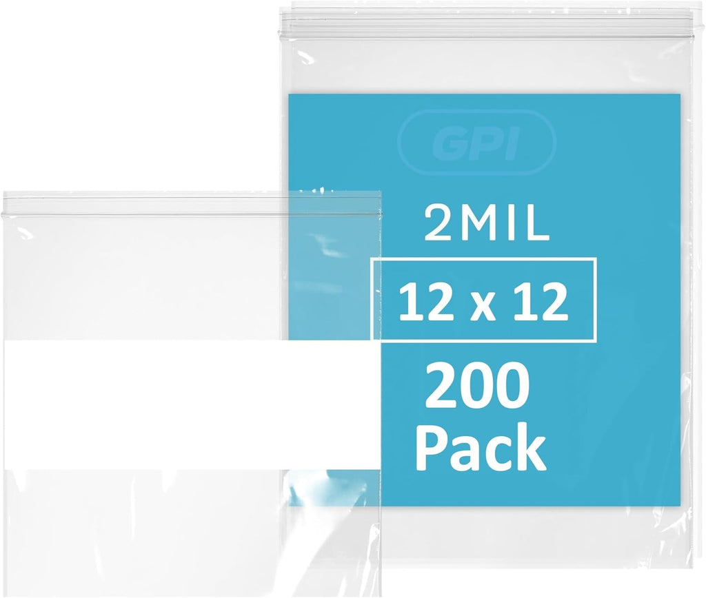 12" x 12" Large Zip Bags, 2 Mil Thick Clear Plastic Reclosable Zipper Lock Bags with Write-on White Block, with Resealable Zip Top Lock for Food Storage & Office Supplies, 200 Count