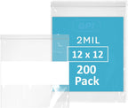 12" x 12" Large Zip Bags, 2 Mil Thick Clear Plastic Reclosable Zipper Lock Bags with Write-on White Block, with Resealable Zip Top Lock for Food Storage & Office Supplies, 200 Count