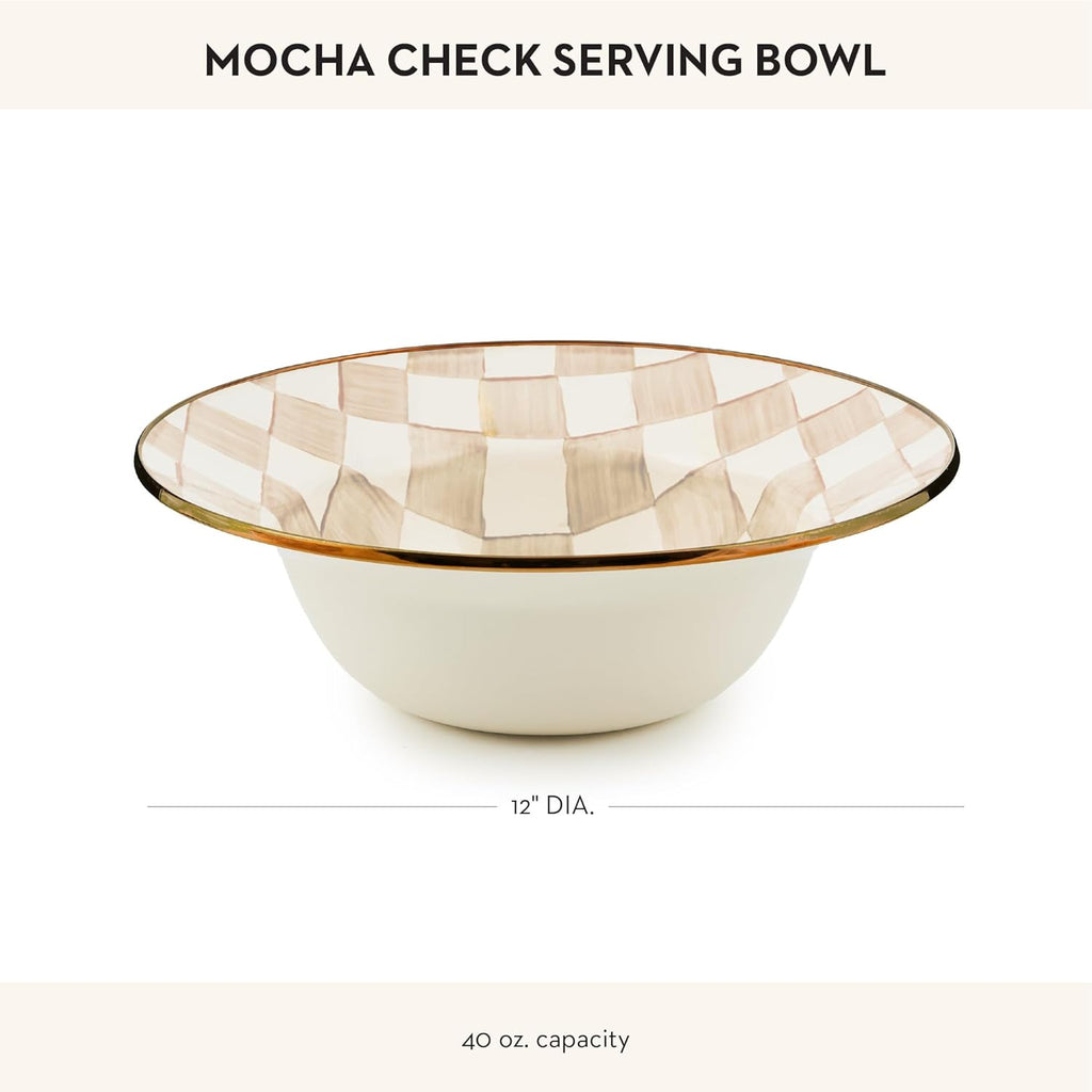 MACKENZIE-CHILDS Enamel Serving Bowl, Enamel Serveware Bowl, 12 Inches, Brown-and-White Mocha Check