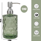 12Oz Green Glass Soap Dispenser with Stainless Steel Pump, Refillable Kitchen Liquid Hand Soap Dispenser with Diamond Design, for Dispense Hand soap, Dish Soap, Lotion, Bathroom, Countertop, Hotel