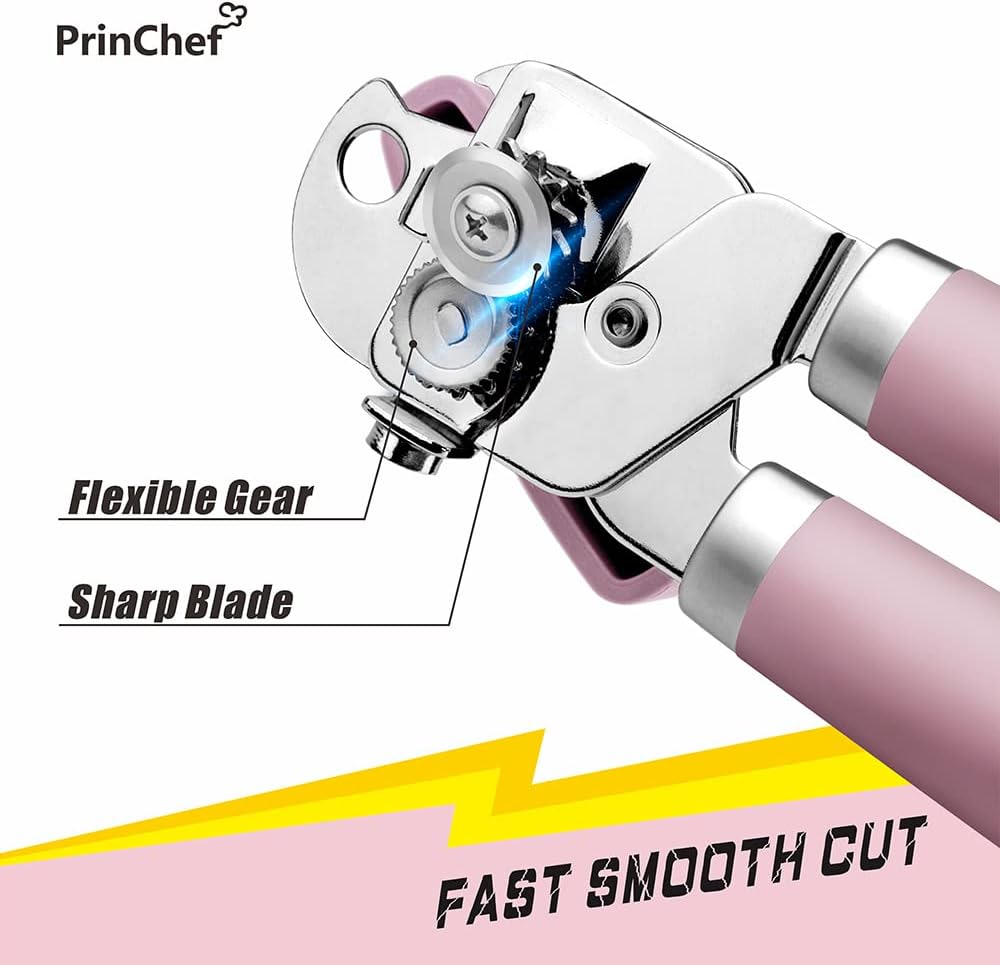 PrinChef Can Opener Manual, Can Tin Bottle Opener with Magnet - No-Trouble-Lid-Lift, Handheld Can Opener Smooth Edge with Sharp Blade, Heavy Duty and Easy to Use, for Seniors with Arthritis, Pink