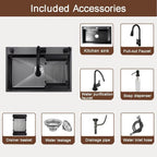 Black Drop in Kitchen Sink, Stainless Steel Single Bowl Sink with 3 Holes, Topmount Workstation Sink, Farmhouse Rectangle Basin with Multiple Accessories (29.5 * 17.7 * 7.9in)