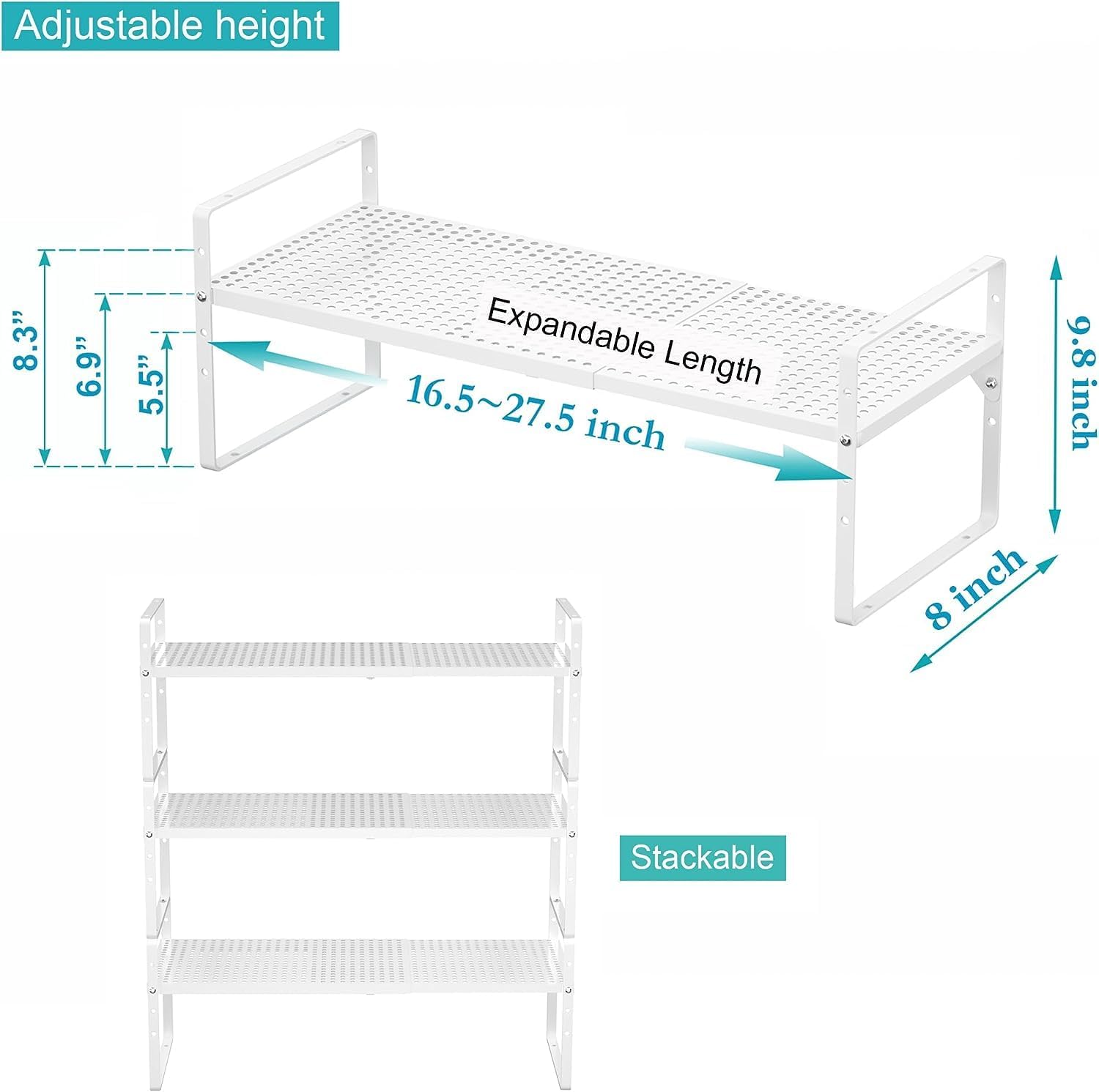 iPEGTOP Expandable Cabinet Storage Shelf Organizer Rack, Heavy Duty Stackable Steel Metal Spice Rack Adjustable Height Pantry Garage Shelf for Counter Kitchen Organization, White - 2 Pack