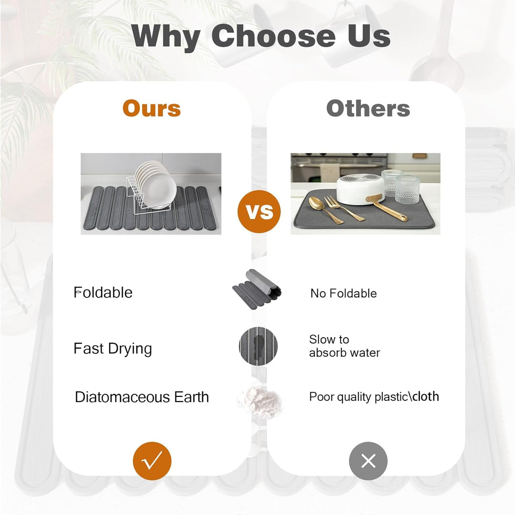 Stone Dish Drying Mat or Kitchen Counter, Quick Dry Stone Mat Kitchen for Dishes Bottles Cups, Large Foldable Diatomaceous Earth Dish Drying Mats Match Any Countertop, Dark Grey