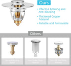 Universal Sink Stopper with Hair Catcher, Faster Drainage, Bathroom Sink Drain Strainer in Brass, Pop Up Drain Cover, Basin Plug for 1.04~1.97 Inch Drain Hole