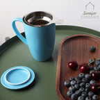 Sweejar Porcelain Tea Infuser Mug with Lid, 16 oz Teacup with Strainers for Loose Leaf Tea, Microwave and Dishwasher Safe Coffee Mug(New Jade)