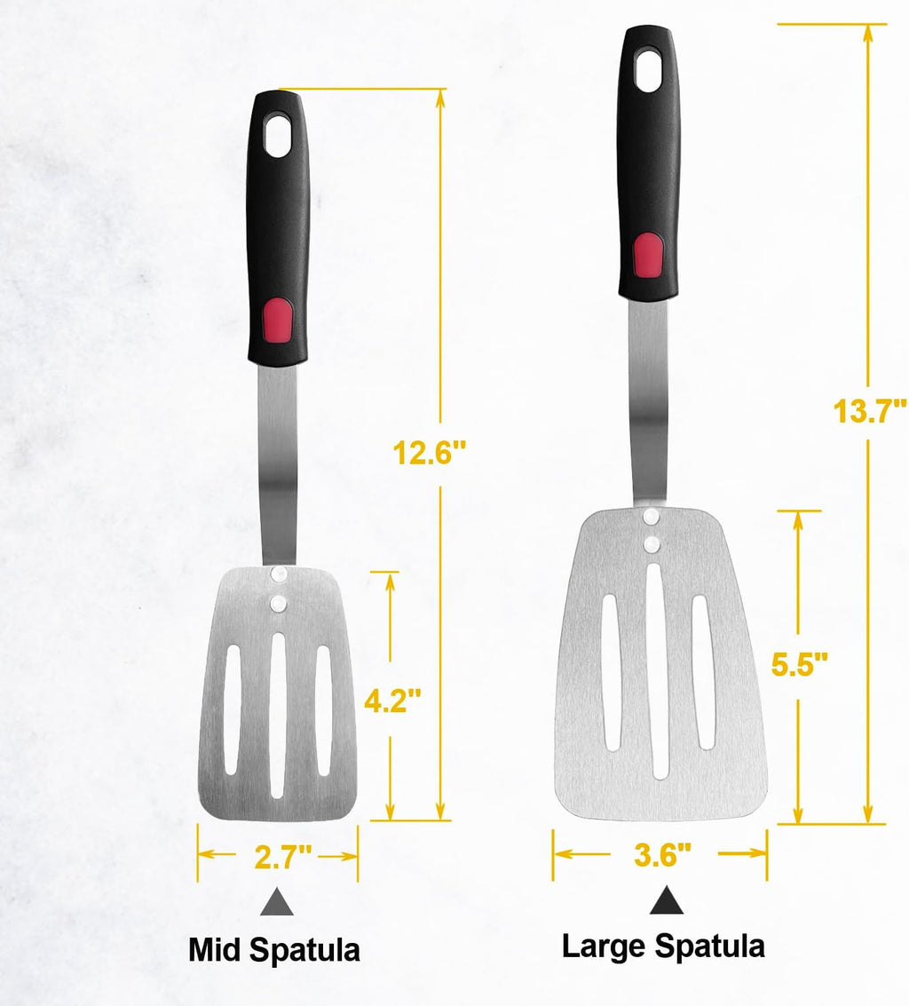 Stainless Steel Flexible Spatula Slotted Turner, XiaoZu Thin Metal Spatula for Cast Iron Skillet, Thin Blade and Heat Resistant Silicone Handle, Great for Egg, Cookie, Meat, Crep, Medium + Large