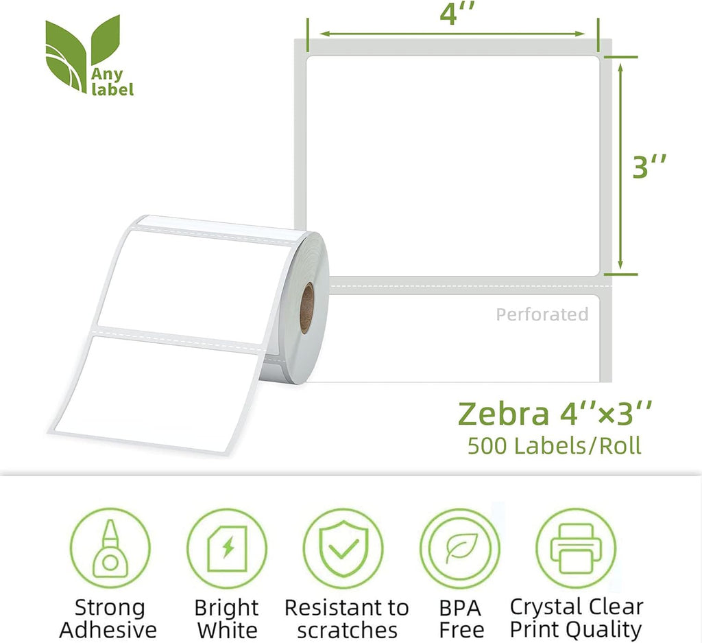 4" x 3" Direct Thermal Labels, Thermal Printer Labels for Shipping Address Barcodes, Thermal Stickers Compatible with Zebra, Rollo, Munbyn Thermal Labels Printers (12 Rolls, 500 Labels/Roll)