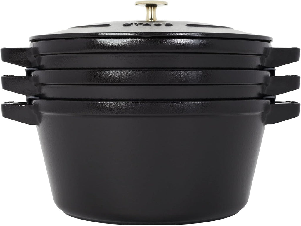 STAUB Cast Iron Set 4-pc, Stackable Space-Saving Cookware Set, Dutch Oven, Skillet, Grill Pan with Universal Lid, Made in France, Matte Black