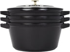 STAUB Cast Iron Set 4-pc, Stackable Space-Saving Cookware Set, Dutch Oven, Skillet, Grill Pan with Universal Lid, Made in France, Matte Black