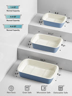 LE TAUCI Deep Casserole Dishes for Oven, 13.7”x9.6” Ceramic Baking Dish Set with Roasting Racks, Large Lasagna Pans with Handles, Rectangular Bakeware as Gift for Mom, Dusty Blue (4.6QT/3.0QT/1.6QT), Set of 3