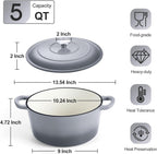 P&P CHEF 5QT Enameled Dutch Oven, Cast Iron Dutch Oven Pot with Lid for Bread Baking, Enameled Casserole Pot for Roasting Braising Stewing Frying Simmering, Various Stoves & Easy Clean, Grey
