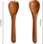 8 Inch Acacia Wood Salad Server Set Wooden Mixing Tongs Dinner Fork & Spoon Serving Utensils For Tossing Salad Handmade Cookware Salad Cooking Utensils & Accessories For Kitchen, Natural Brown