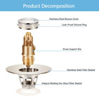 Bathroom Sink Stoppers Brushed Nickel，Pop Up Drain Stopper for Bathroom Sink，‎2-in-1 Sink Stopper & Strainer,Universal Wash Basin Sink Stopper，for 1.1"~1.5" Bathroom Sink Drain Pipe（Brushed Nickel）