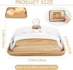 Glass Butter Dish with Lid Clear Glass Butter Keeper Container for Butter, Cream Cheese, and Dessert Cake（Acacia）