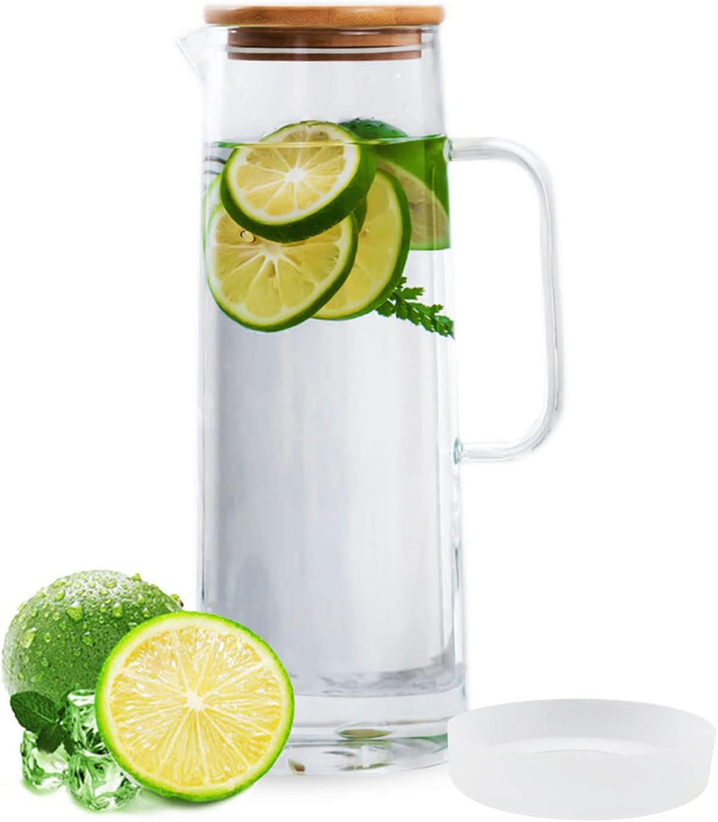 hjn Glass Pitcher with Lid Glass Water Carafe with Handle, Fridge Water Jug Cold or Hot Beverages, Iced Tea, Milk, Juice 1500ml/51oz & bamboo lid
