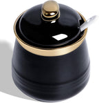 HAOTOP 12oz Sugar Bowl with Lid and Spoon,Simple Ceramic Sugar Jar Sugar Container Sugar Dispenser Coffee Bar Accessories, Modern Kitchen Countertop Canisters, Black