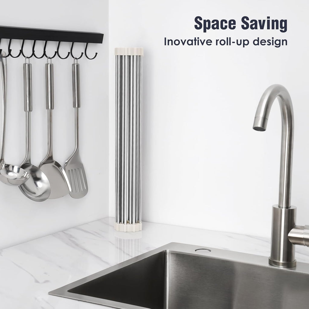 Tomorotec 21" x 15.5" Roll Up Dish Drying Rack Over Sink Drying Rack Sink Cover Kitchen Sink Accessories Gadget Multipurpose Organizer Foldable Stainless Steel Drainer