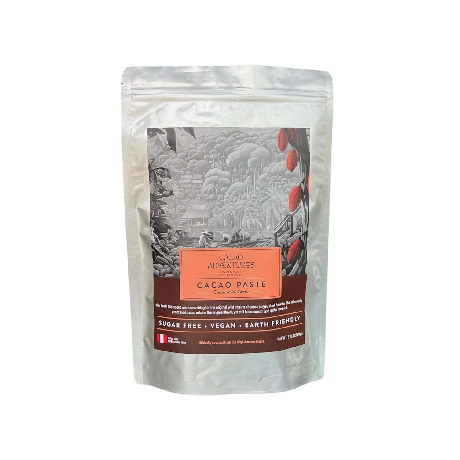 Cacao Adventures Ceremonial Grade Cacao | 100% Pure | Dairy Free & Vegan | Unsweetened |Ethically sourced and sustainably grown |Vegan Peruvian, 5 Pound (Pack of 1)
