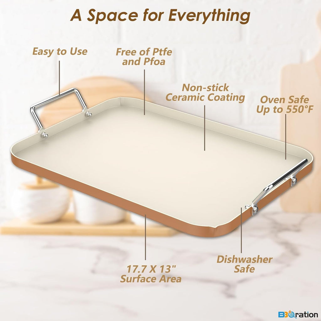 17.7" x 13" Burner Griddle Pan for Stove Top Oven, Stainless Steel Handles, Non Stick Ceramic Griddle Pan Griddle Skillet, PTFE Free PFOA Free