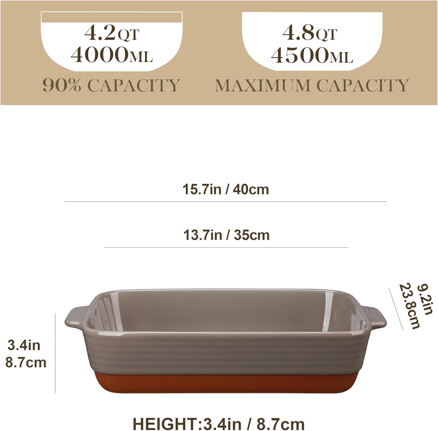 MALACASA 4.8 Qt Lasagne Dishes for Oven, 9 x 13 Inches Brown Ceramic Oven Dish with Handles, Deep Rectangular Baking Dish Casserole Dishes, Lasagna Pan Bakeware for Roasting, Series TARA