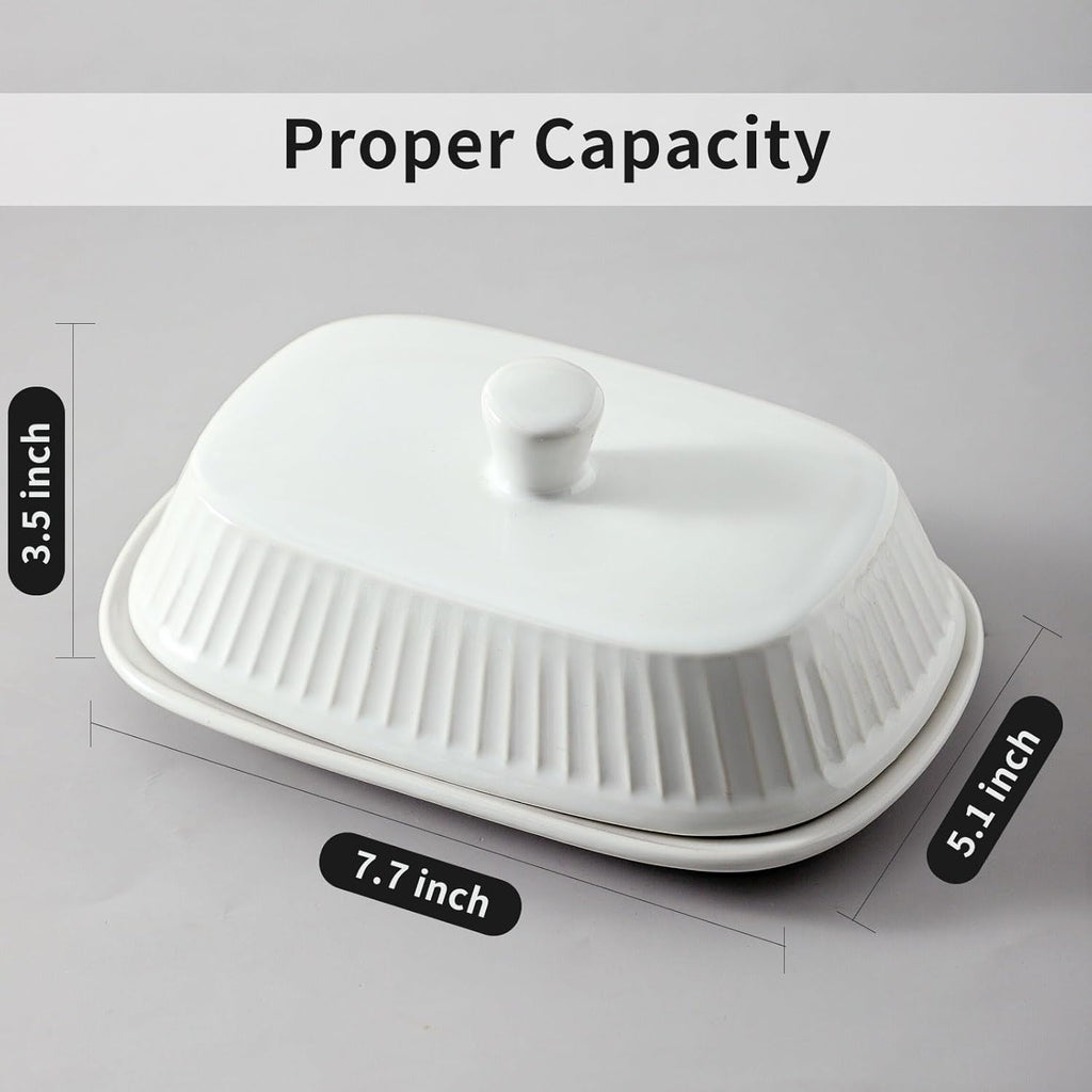 Hasense Porcelain Butter Keeper, Butter Dish with Lid, Large Butter Containe with Cover, Butter Holder for West East Coast Butter, Kitchen Decor, Housewarming Gift, White