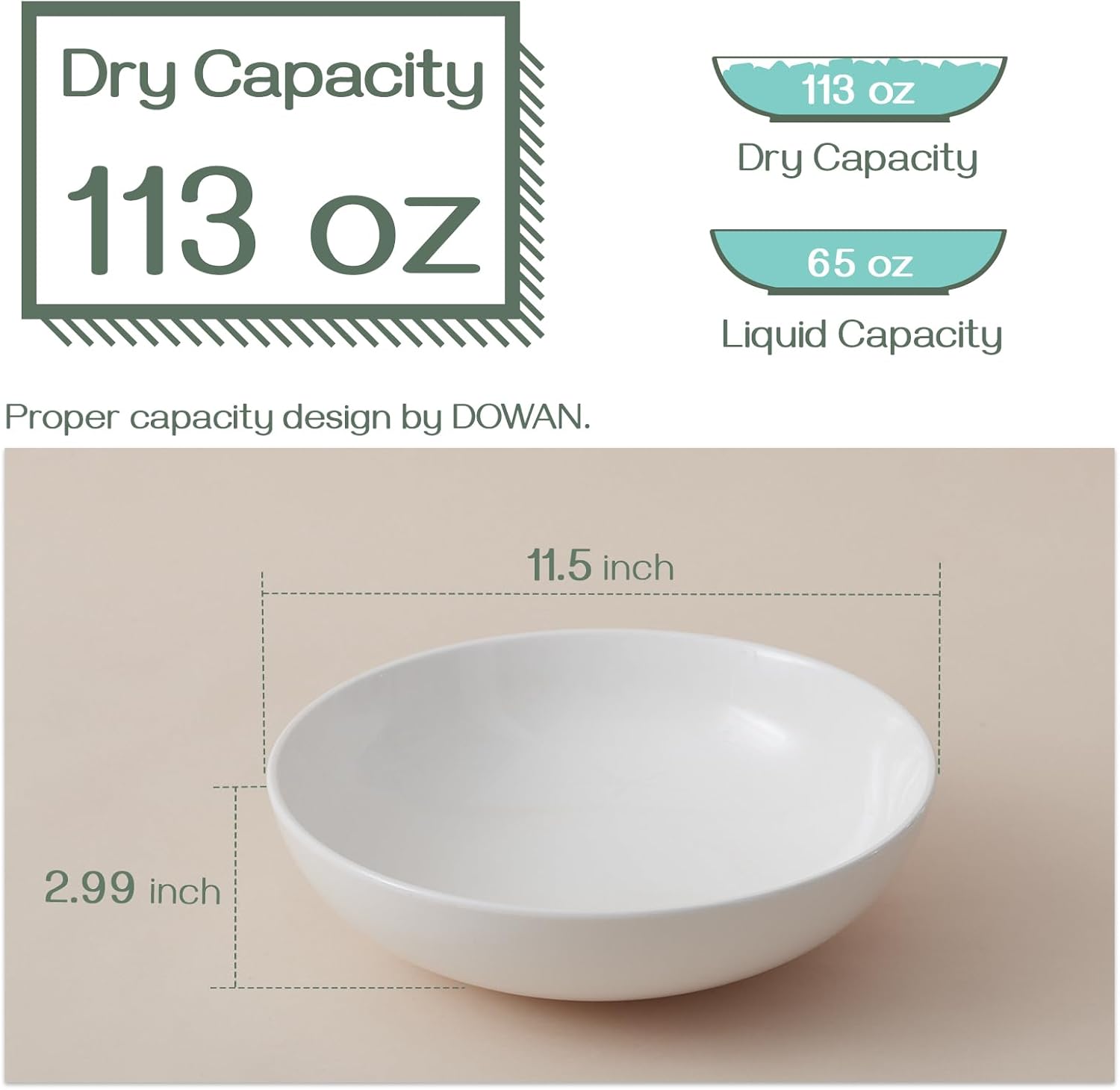 DOWAN 11.5" Large Serving Bowls, 3.2 Qt White Serving Platter, Big Ceramic Centerpiece Bowls, Microwave & Dishwasher Safe, Set of 2