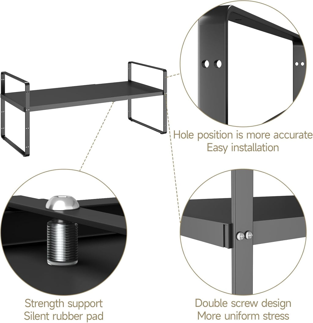 16.5~27.1" Expandable Shelf Organizer, 2Pack 8.1" Wide Stackable Cabinet Shelf Organizers, Black Metal Sturdy Kitchen Counter Storage for Countertop, Adjustable Height Spice Rack