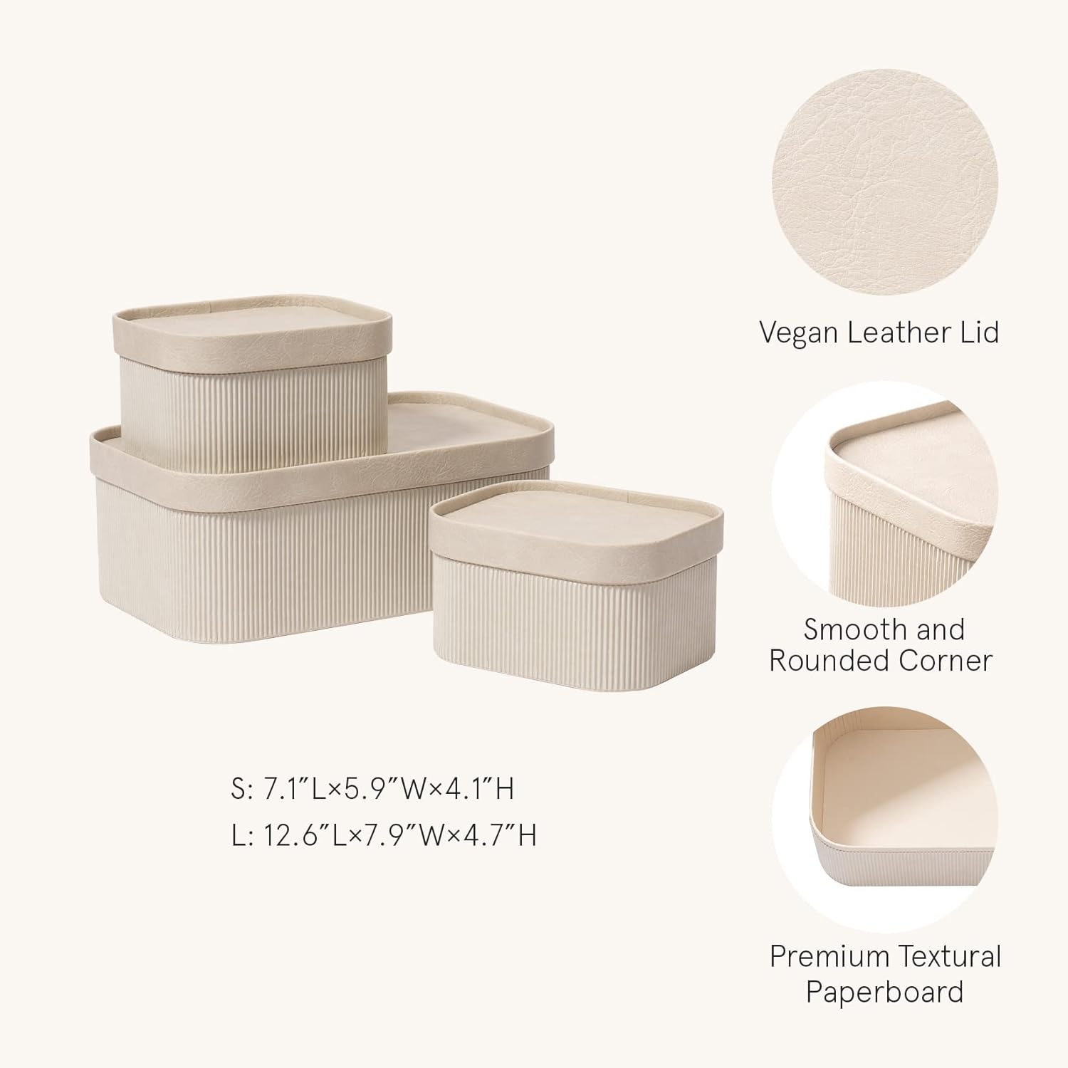 LA JOLIE MUSE Storage Basket Set of 3 with Leather Lids Fluted Cardboard - Light Grey
