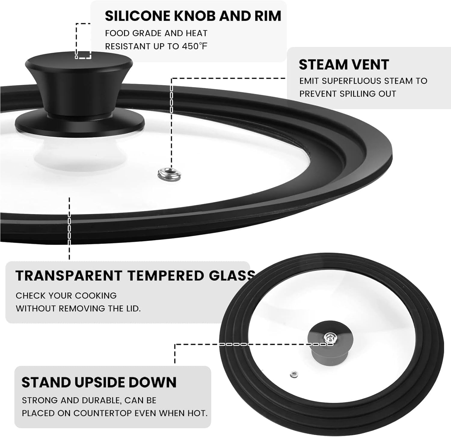 Universal Lid for Pots, Pans and Skillets, Tempered Glass Lid fit 11", 12", 12.5" Skillets, Pots, Frying Pans, Cast Iron, Crock Pot and Other Glass Covers Replacement