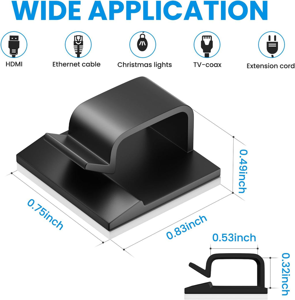 100 PCS Adhesive Cable Clips Black (50 Small & 50 Large), Cable Management Under Desk, Cable Wall Clip, Wire Clips for Cords of Car Dash Cam, HDMI, Extension Cord, TV PC Phone USB Ethernet Coax