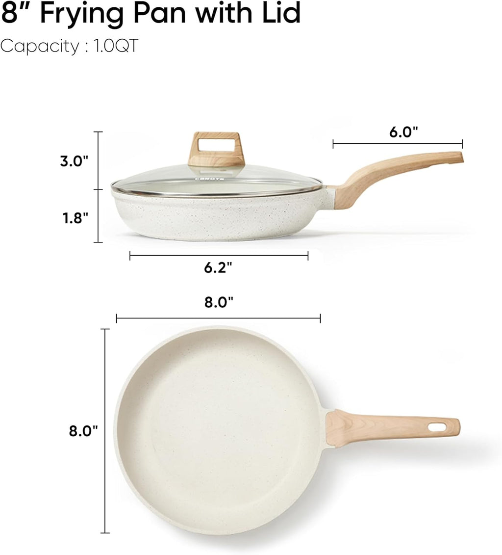 CAROTE 8 Inch Non Stick Frying Pan with Lid,White Granite Nonstick Skillet Omelet Pans, Egg Pan Granite Cookware, PFOS & PFOA Free