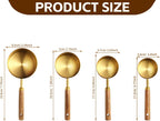 4 Piece gold measuring cups set，Golden Stainless Steel Measuring Cup and spoons set with Wooden Handle for Food/Liquid/Baking in the Kitchen