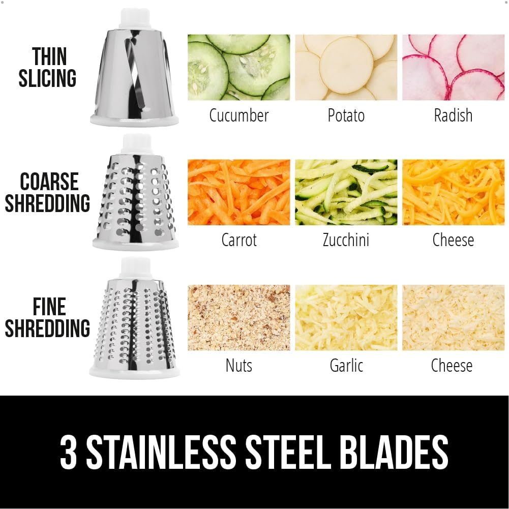 GORILLA GRIP BPA-Free Rotary Cheese Grater Hand Crank, Easy to Set Up, Strong Suction Base for Kitchen Countertop, Shred Potato, Vegetable, Nuts in Seconds, Round Mandoline Slicer, 3 Blades, White