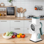 HANSGO Rotary Cheese Grater, Hand Crank Cheese Shredder, Vegetable Slicer for Kitchen, Non-slip Suction Base and 3 Interchangeable Blades for Potatoes Zucchini Nuts Chocolate Fruits, WhiteBlue