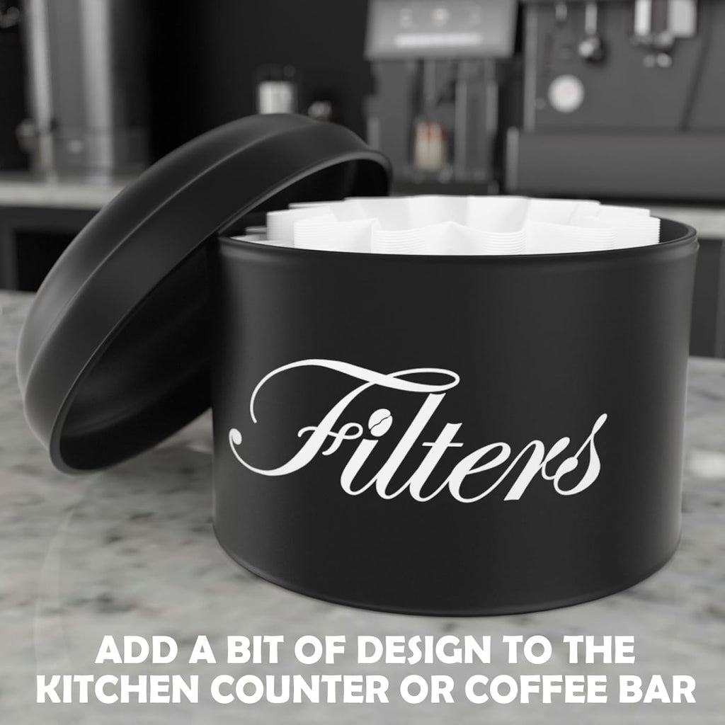 Black Basket Coffee Filter Holder With Lid - Round Container for Counter Storage - Rustic Farmhouse Bar Accessories Decor