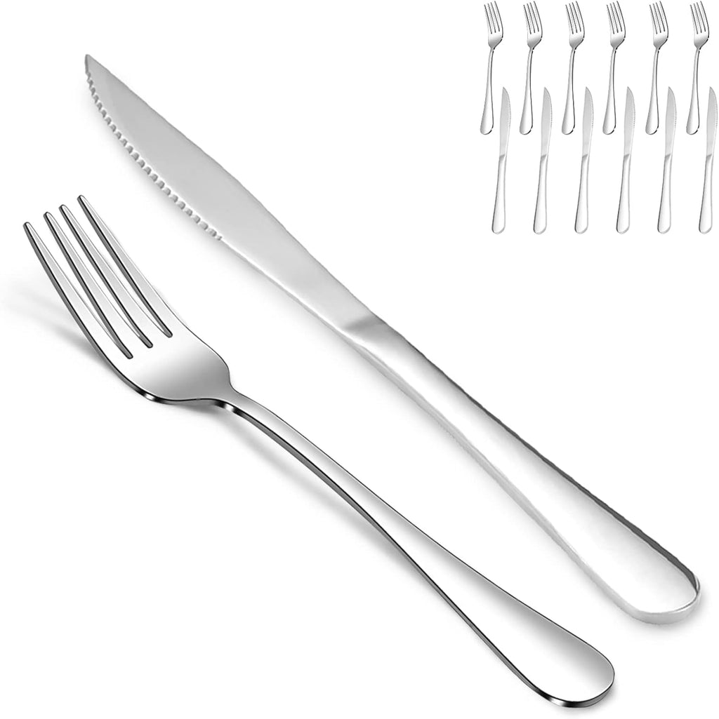 SANTUO 12 Pcs Silverware Set with 6 Steak Knives and 6 Dinner Forks,Flatware Set with Top Food Grade Stainless Steel,Tableware Cutlery Set For Home Restaurant Hotel, Mirror Finish, Dishwasher Safe