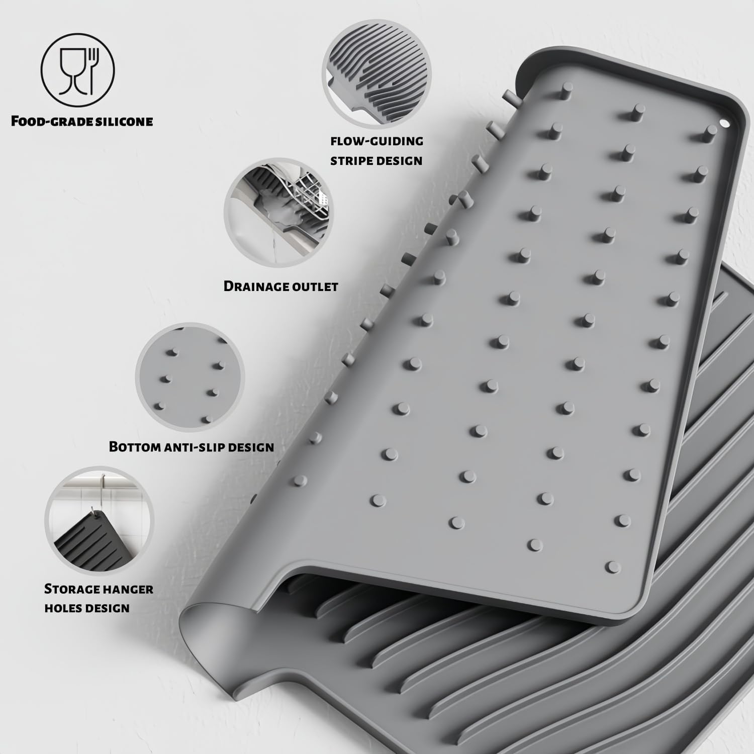 CIEO Silicone Dish Drying Mat for Kitchen Counter, Slope Fast Self-Draining, Non-Slip Drain Pad, Easy Clean Countertop Protection Mat, Multiple Use for Dishes Drying Rack（18.9"x 13.58",Gray）