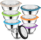E-far Mixing Bowls Set of 7, Stainless Steel Mixing Bowls with Airtight Clear Lids, Metal Nesting Bowls for Kitchen Prep, Baking, Serving, Dishwasher Safe, Size 4.6, 3.5, 3, 2, 1.5, 1, 0.7QT, Colorful