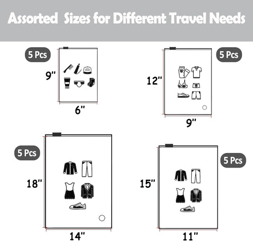 (20 pcs, 4 Sizes) Travel Luggage Organizer Bags, 4 Mil Slider Zip Plastic Clothing Packaging Bags, Travel/Home Storage and organizing pouches, Space Saver Bag (6''x9''-14‘’x18'')