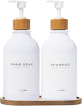 Maisonovo Plastic Soap Dispenser Set | Hand Soap and Dish Soap Dispenser Set | 16.9oz Amber Bottles with Black Bamboo Pump | Bathroom Lotion Dispenser with Pump Set of 2